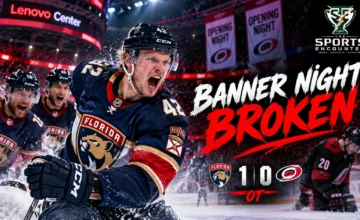 Gustav Forsling celebrates his overtime winner as the Florida Panthers beat the Carolina Hurricanes 1-0 on 2026-27 NHL opening night.