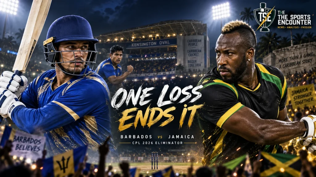 Barbados Tridents and Jamaica Kingsmen players face off ahead of the CPL 2026 Eliminator at Kensington Oval, where one defeat will end the season.