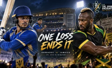 Barbados Tridents and Jamaica Kingsmen players face off ahead of the CPL 2026 Eliminator at Kensington Oval, where one defeat will end the season.
