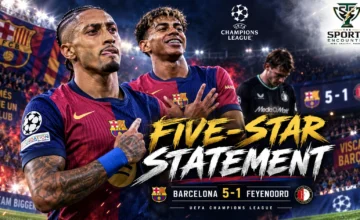 Barcelona players celebrate during their 5-1 Champions League victory over Feyenoord at Camp Nou, with Lamine Yamal and Raphinha among the scorers.