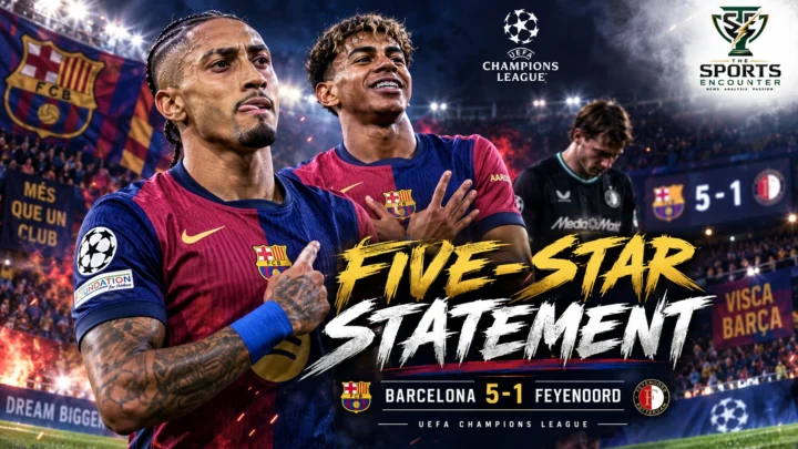 Barcelona players celebrate during their 5-1 Champions League victory over Feyenoord at Camp Nou, with Lamine Yamal and Raphinha among the scorers.