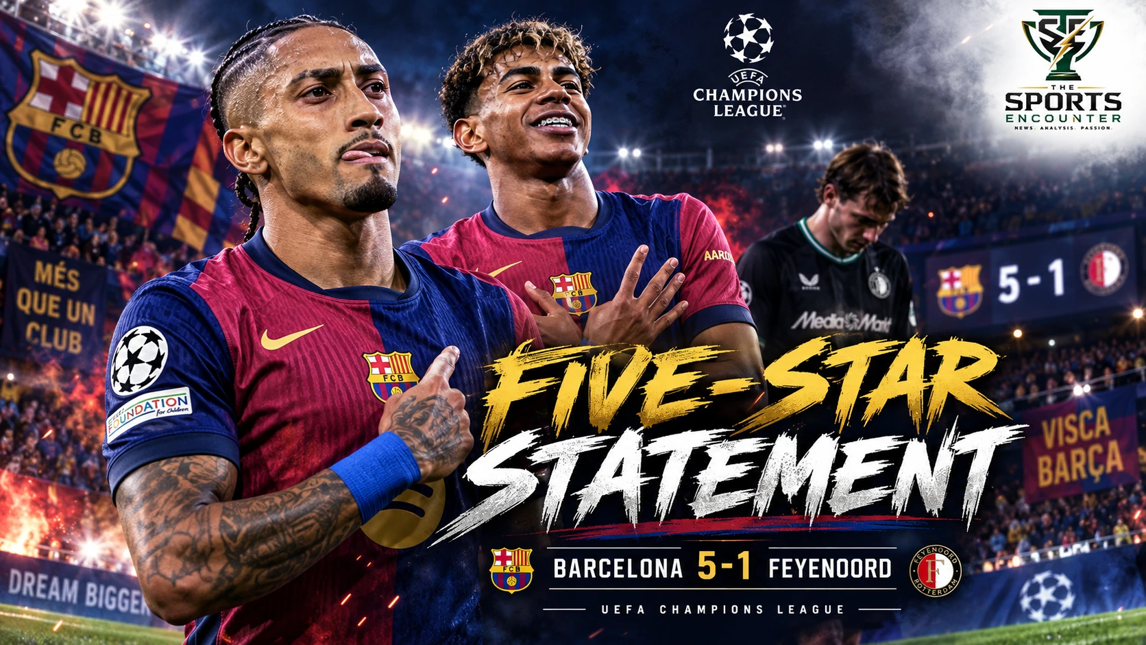 Barcelona players celebrate during their 5-1 Champions League victory over Feyenoord at Camp Nou, with Lamine Yamal and Raphinha among the scorers.