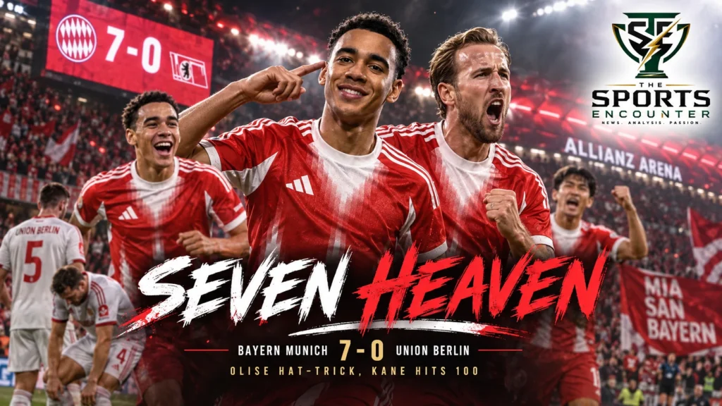 Michael Olise and Harry Kane celebrate during Bayern Munich's 7-0 Bundesliga victory over Union Berlin at the Allianz Arena.