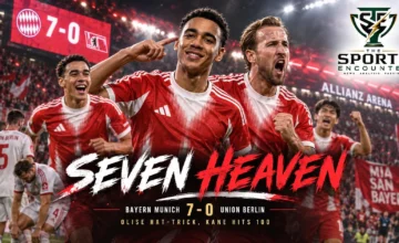 Michael Olise and Harry Kane celebrate during Bayern Munich's 7-0 Bundesliga victory over Union Berlin at the Allianz Arena.
