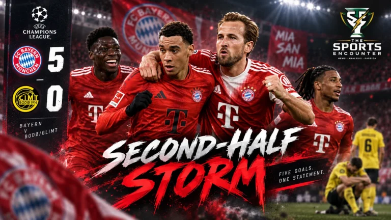 Bayern Munich players celebrate during a 5-0 Champions League win over Bodø/Glimt after scoring all five goals in the second half.