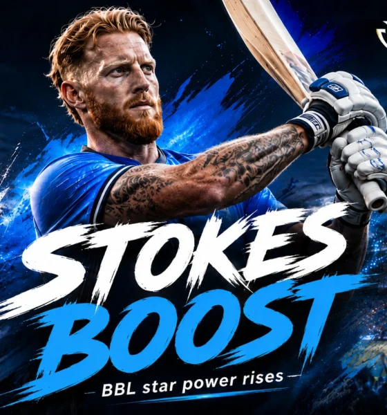 Ben Stokes in Adelaide Strikers colors featured in a cinematic BBL|16 graphic highlighting his move to the Big Bash, his post-England future and the league’s growing crowd appeal.