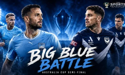 Sydney FC and Melbourne Victory players facing off in a cinematic Australia Cup 2026 semifinal graphic at Jubilee Stadium.