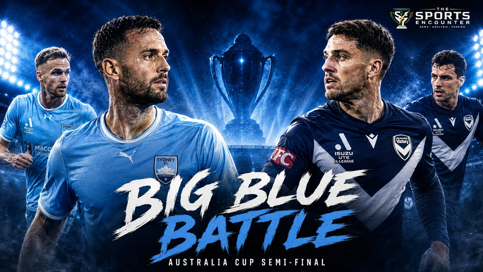 Sydney FC and Melbourne Victory players facing off in a cinematic Australia Cup 2026 semifinal graphic at Jubilee Stadium.