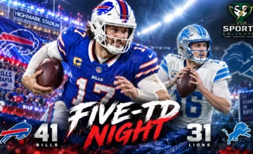 Josh Allen celebrates during the Buffalo Bills' 41-31 victory over the Detroit Lions in the first regular-season game at the new Highmark Stadium.