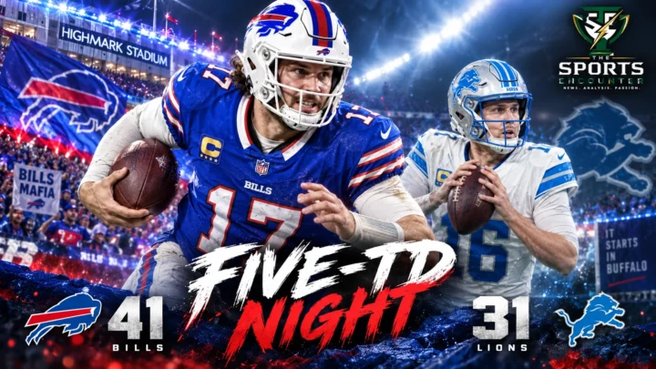 Josh Allen celebrates during the Buffalo Bills' 41-31 victory over the Detroit Lions in the first regular-season game at the new Highmark Stadium.