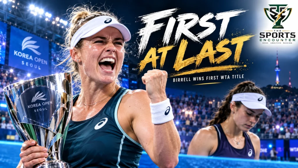 Kimberly Birrell celebrates after defeating Maya Joint in the 2026 Korea Open final in Seoul to win her first WTA singles title.