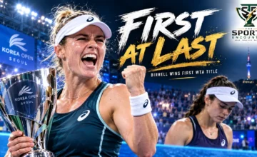 Kimberly Birrell celebrates after defeating Maya Joint in the 2026 Korea Open final in Seoul to win her first WTA singles title.