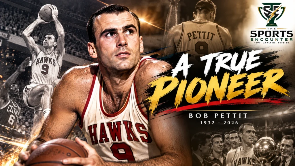 Bob Pettit in his St. Louis Hawks No. 9 uniform, remembered after his death at 93 as the NBA’s first MVP and hero of the 1958 championship.