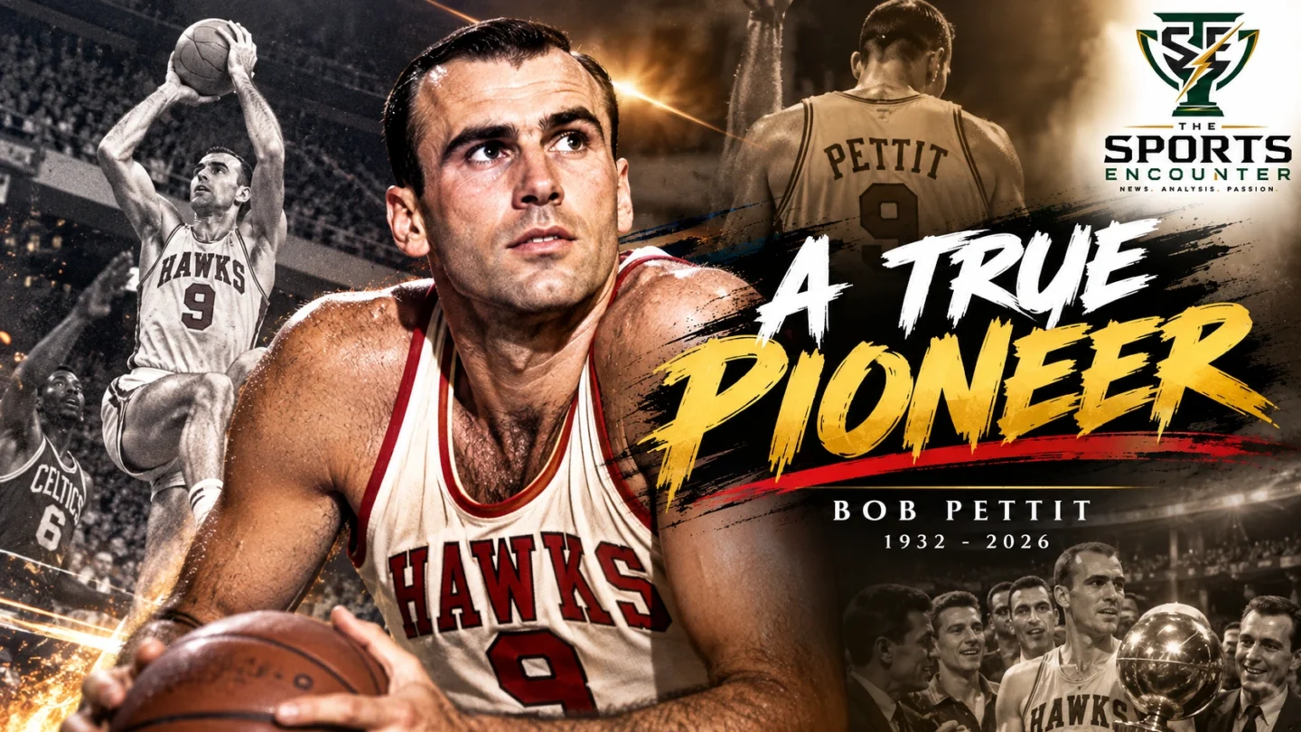 Bob Pettit in his St. Louis Hawks No. 9 uniform, remembered after his death at 93 as the NBA’s first MVP and hero of the 1958 championship.