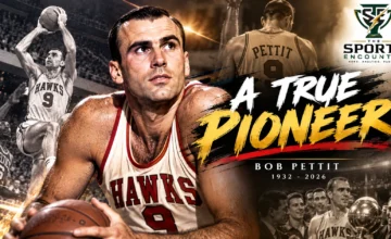 Bob Pettit in his St. Louis Hawks No. 9 uniform, remembered after his death at 93 as the NBA’s first MVP and hero of the 1958 championship.