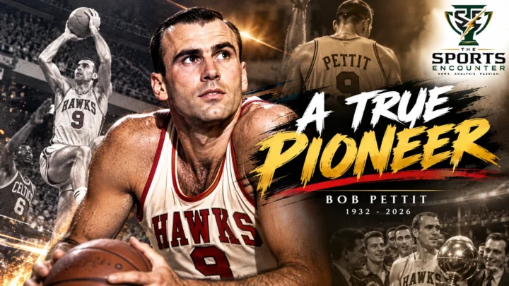 Bob Pettit in his St. Louis Hawks No. 9 uniform, remembered after his death at 93 as the NBA’s first MVP and hero of the 1958 championship.