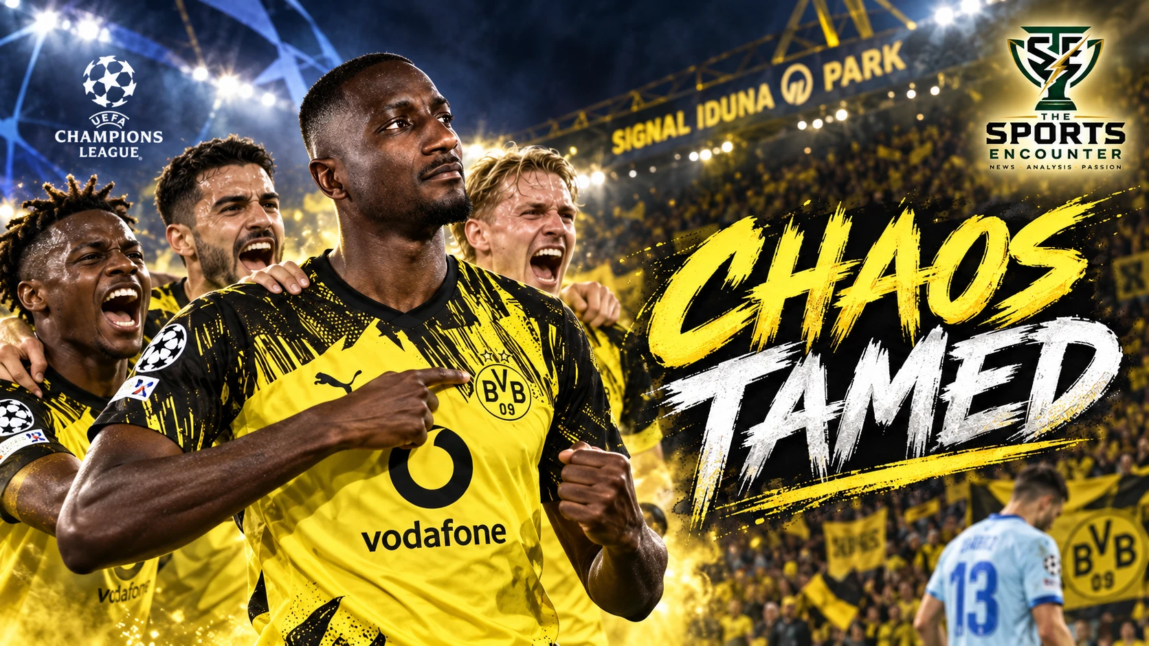 Serhou Guirassy and Borussia Dortmund players celebrate during their 3-2 Champions League victory over Villarreal at Signal Iduna Park.