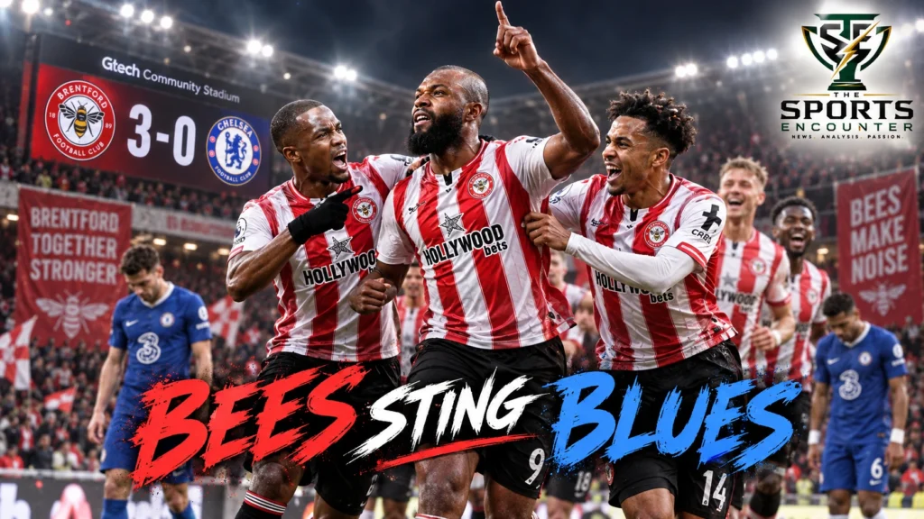 Brentford players celebrate during their 3-0 Premier League victory over Chelsea at Gtech Community Stadium on September 18, 2026.