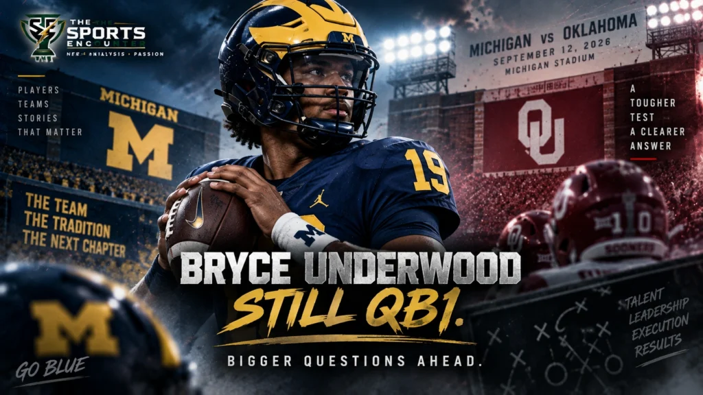Bryce Underwood stands in a Michigan football setting ahead of the Wolverines’ top-10 matchup with Oklahoma as pressure builds around his QB1 role.