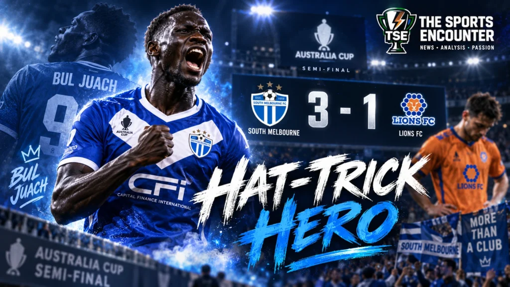 Bul Juach celebrates after scoring a second-half hat-trick for South Melbourne in the 3-1 Australia Cup semifinal victory over Lions FC at Lakeside Stadium.