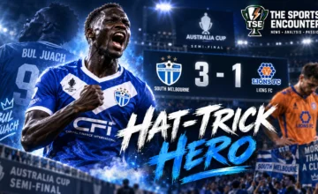 Bul Juach celebrates after scoring a second-half hat-trick for South Melbourne in the 3-1 Australia Cup semifinal victory over Lions FC at Lakeside Stadium.