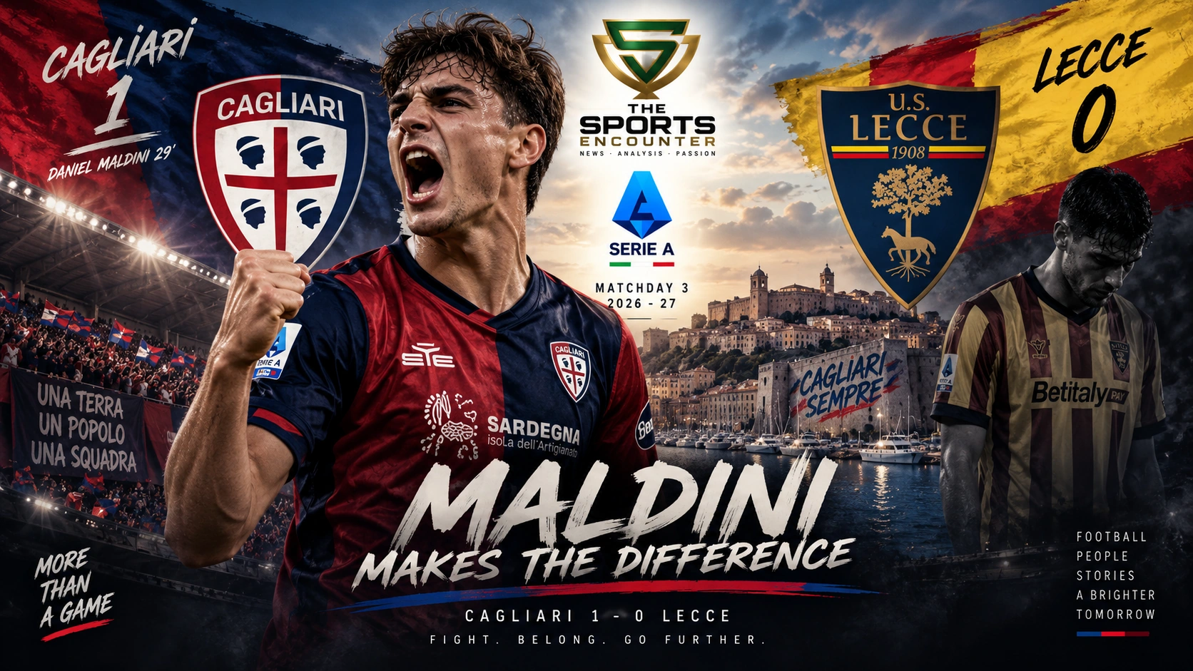 Daniel Maldini celebrates after scoring Cagliari’s winning goal against Lecce in a 1-0 Serie A Matchday 3 victory.