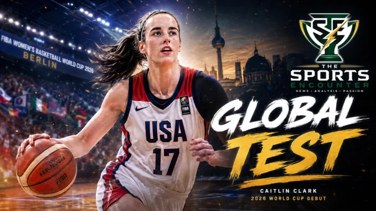 Caitlin Clark featured in a cinematic Team USA basketball graphic ahead of her senior World Cup debut at the 2026 FIBA Women’s Basketball World Cup in Berlin.
