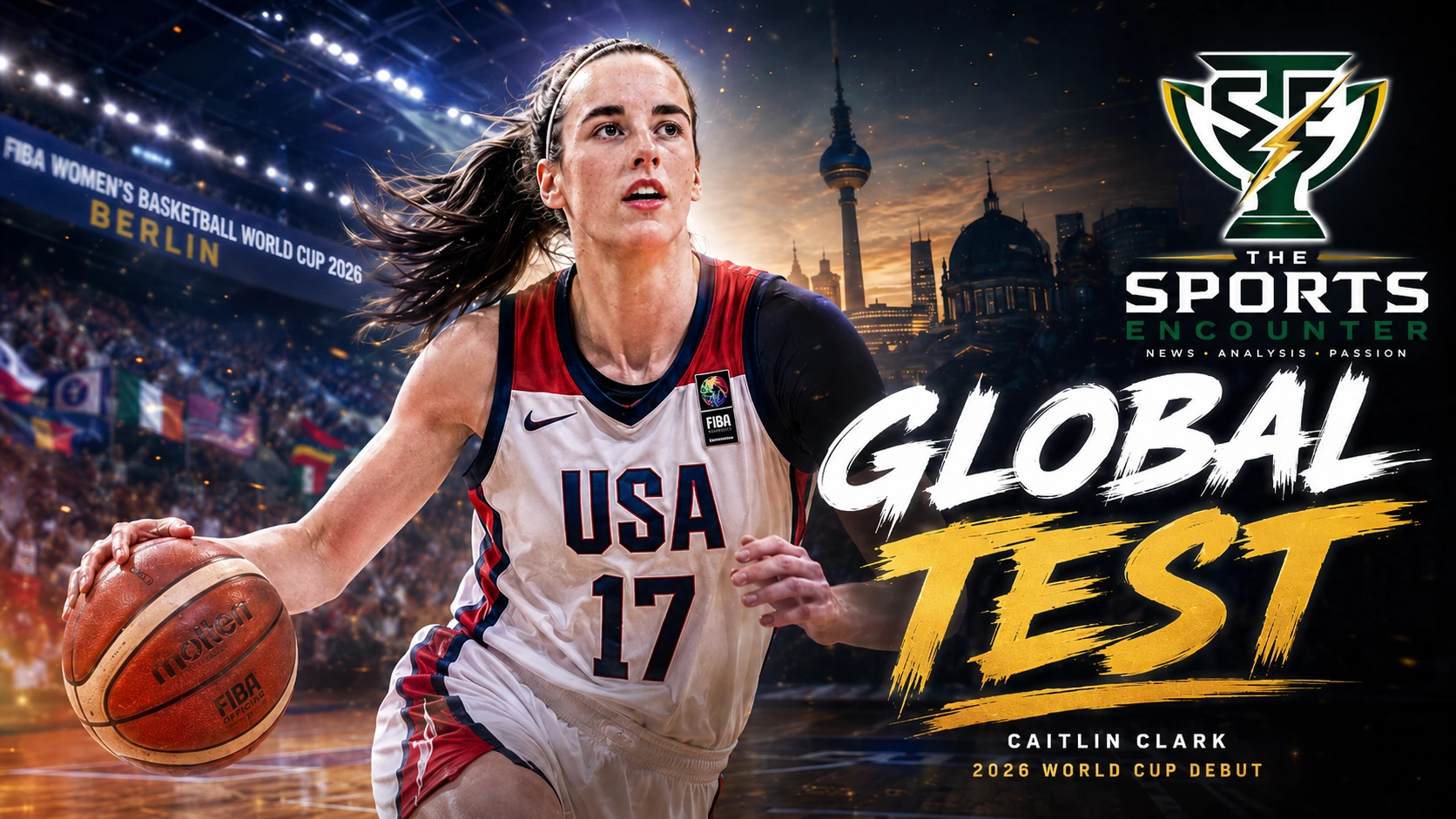Caitlin Clark featured in a cinematic Team USA basketball graphic ahead of her senior World Cup debut at the 2026 FIBA Women’s Basketball World Cup in Berlin.