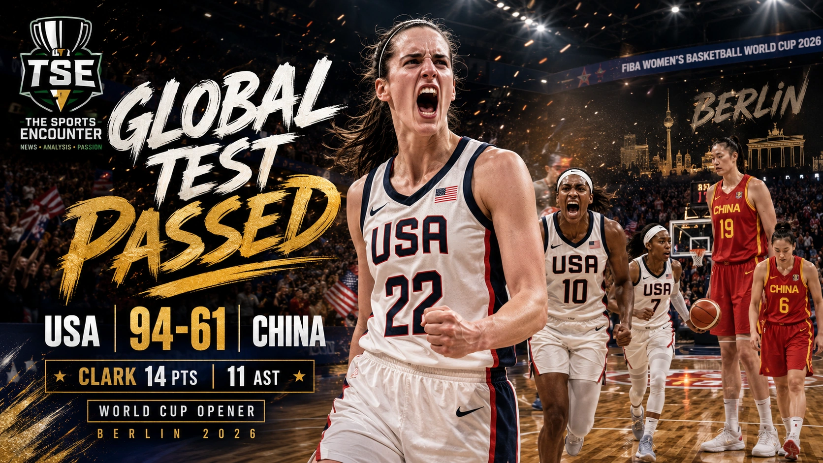 Caitlin Clark leads Team USA against China in the 2026 FIBA Women’s Basketball World Cup opener in Berlin, recording 14 points and 11 assists in a 94-61 victory.