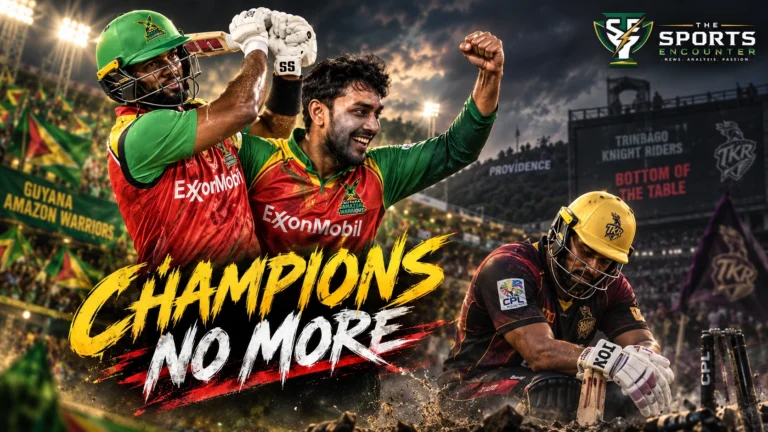 Guyana Amazon Warriors players celebrate as a dejected Trinbago Knight Riders batter reflects on defeat after Guyana eliminated the defending champions from the CPL 2026 playoff race.