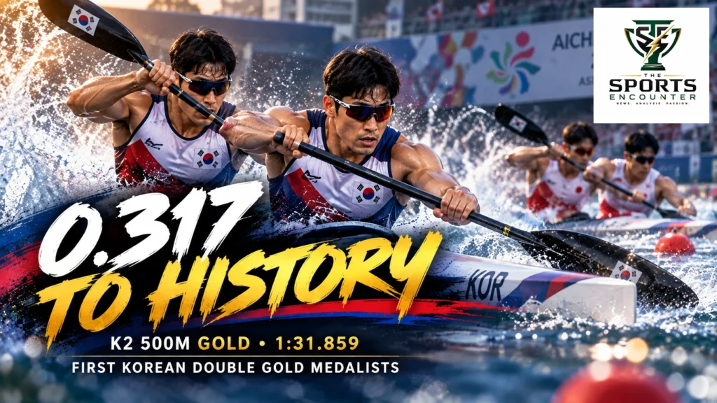 Cho Gwang-hee and Kim Hyo-bin power toward men’s kayak double 500m gold at the 2026 Asian Games after beating Japan by 0.317 seconds.