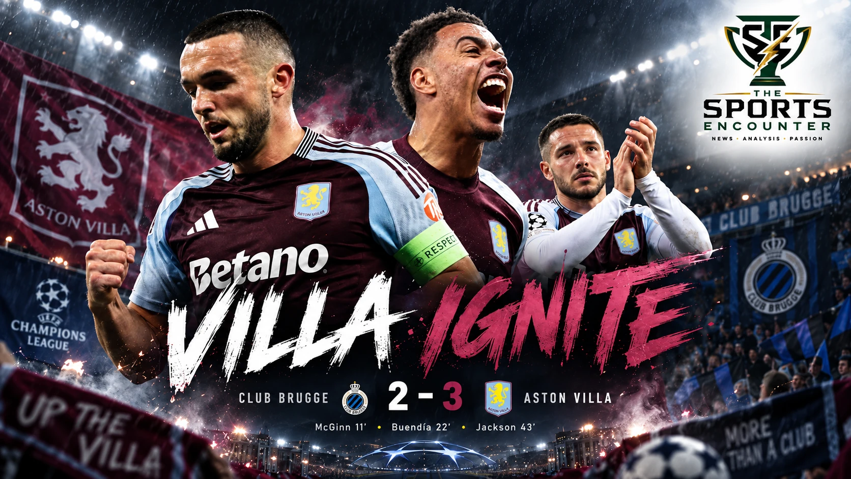 Aston Villa players celebrate during their 3-2 Champions League win over Club Brugge in Bruges, where Nicolas Jackson scored his first goal for the club.