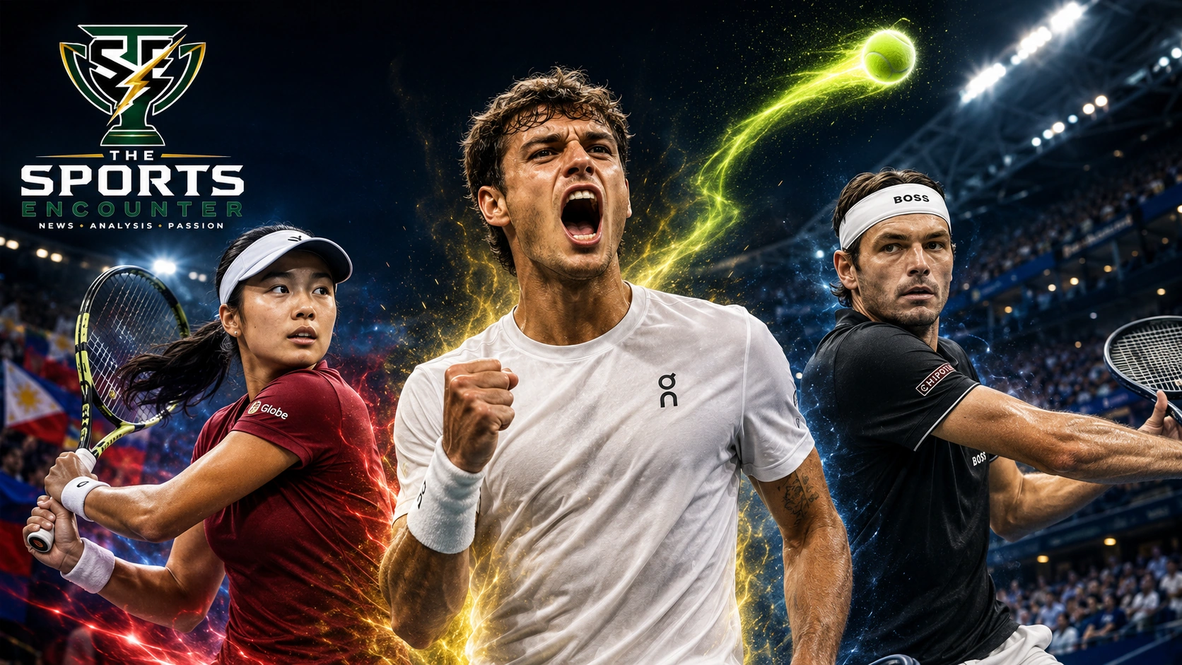 Flavio Cobolli celebrates during the 2026 US Open alongside Alexandra Eala and Taylor Fritz after all three advanced to the third round.