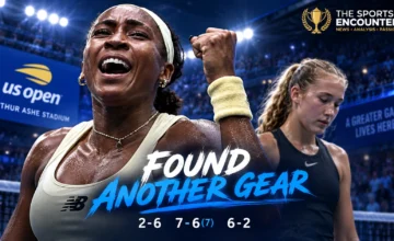 Coco Gauff celebrates after defeating Mirra Andreeva in three sets to reach the 2026 US Open women’s singles semifinals.