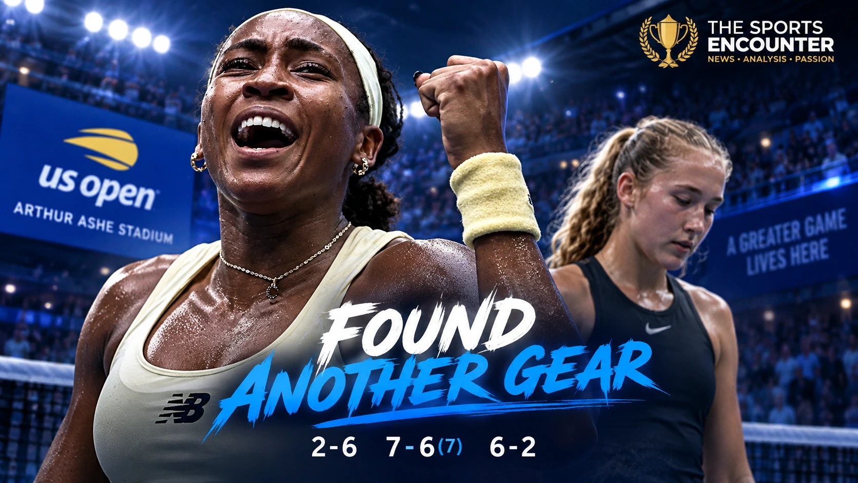 Coco Gauff celebrates after defeating Mirra Andreeva in three sets to reach the 2026 US Open women’s singles semifinals.