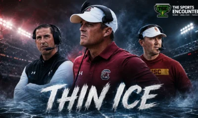 Shane Beamer, Luke Fickell and Lincoln Riley highlighted in a college football hot-seat graphic examining the coaches under pressure entering the 2026 season.