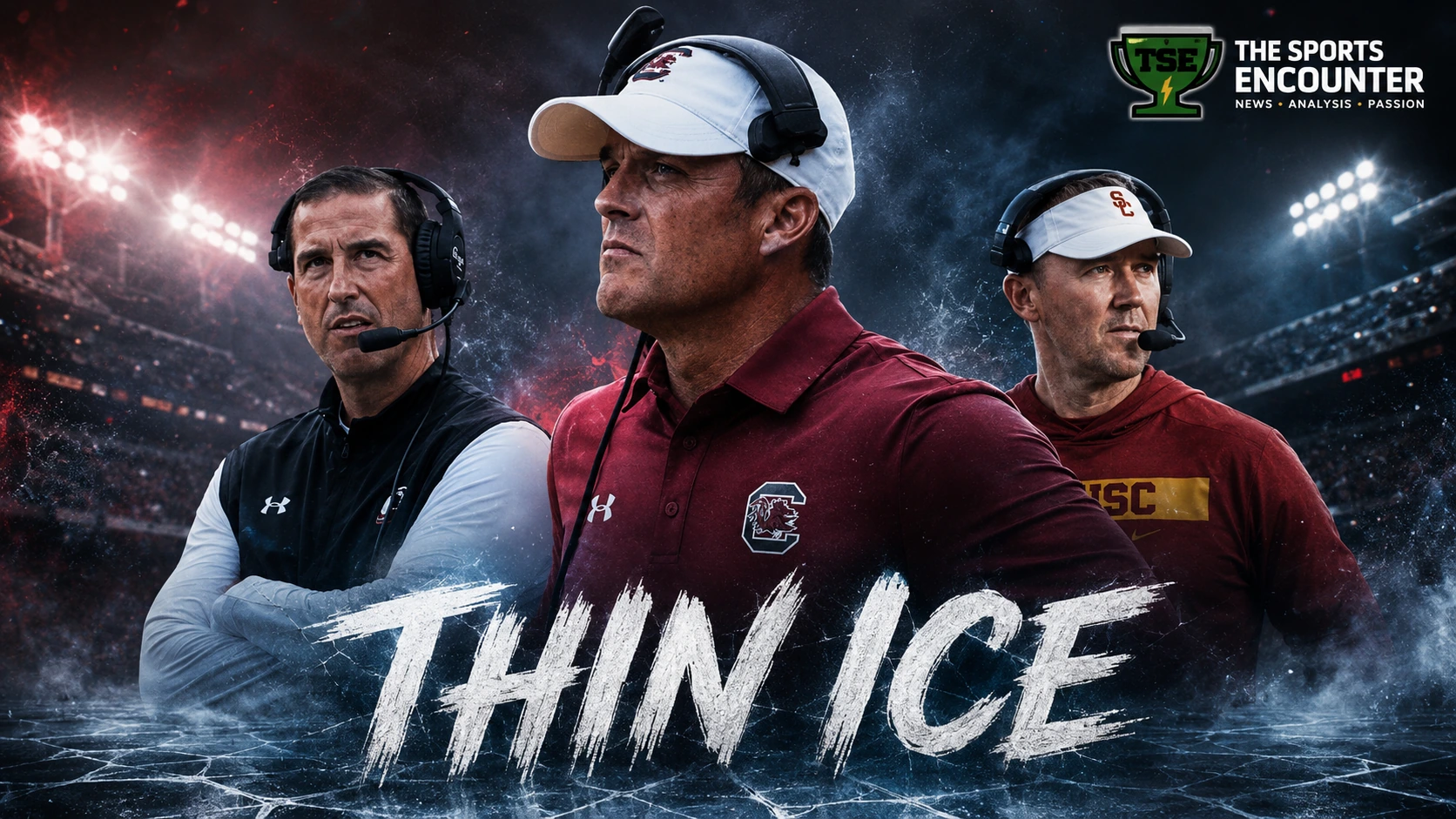 Shane Beamer, Luke Fickell and Lincoln Riley highlighted in a college football hot-seat graphic examining the coaches under pressure entering the 2026 season.