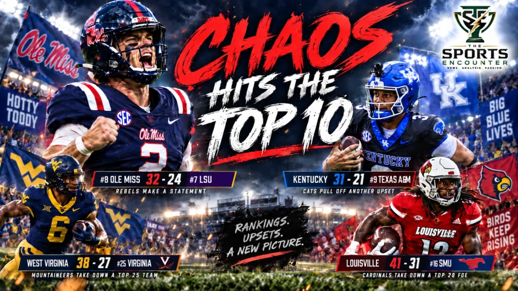 Ole Miss quarterback Trinidad Chambliss celebrates after beating LSU, with Kentucky and West Virginia players featured after major College Football Week 3 upsets.