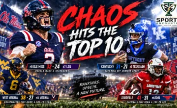 Ole Miss quarterback Trinidad Chambliss celebrates after beating LSU, with Kentucky and West Virginia players featured after major College Football Week 3 upsets.