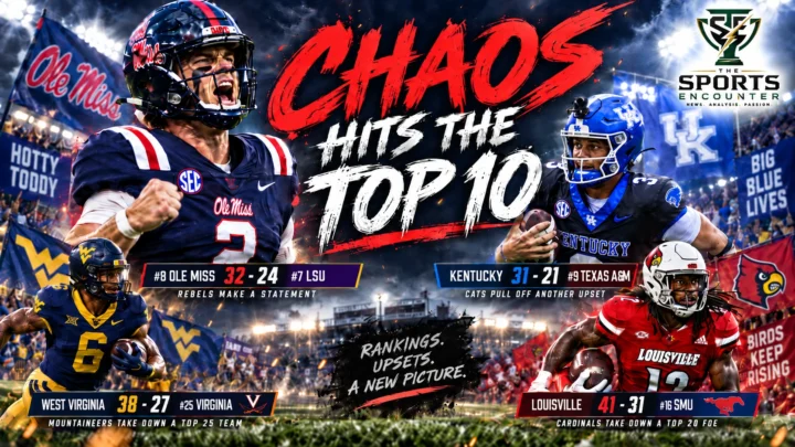 Ole Miss quarterback Trinidad Chambliss celebrates after beating LSU, with Kentucky and West Virginia players featured after major College Football Week 3 upsets.