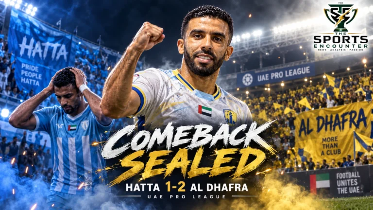 Karim El Berkaoui celebrates after scoring Al Dhafra’s late winner in the 2-1 UAE Pro League comeback victory over Hatta.