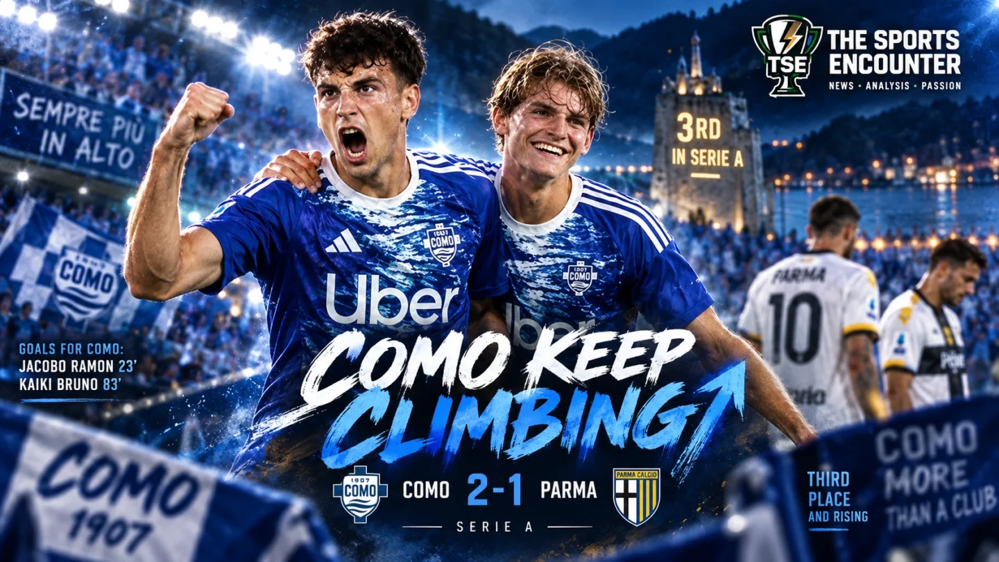 Jacobo Ramón and Kaiki Bruno celebrate for Como after scoring in the 2-1 Serie A victory over Parma at the Stadio Giuseppe Sinigaglia.