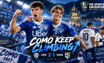 Jacobo Ramón and Kaiki Bruno celebrate for Como after scoring in the 2-1 Serie A victory over Parma at the Stadio Giuseppe Sinigaglia.