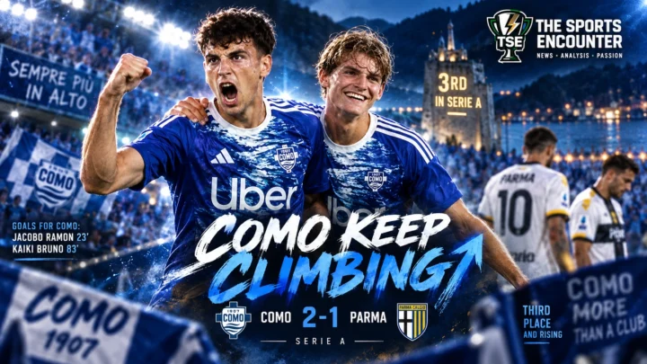 Jacobo Ramón and Kaiki Bruno celebrate for Como after scoring in the 2-1 Serie A victory over Parma at the Stadio Giuseppe Sinigaglia.