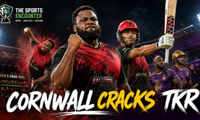 Rahkeem Cornwall leads Antigua and Barbuda Falcons after his three-wicket spell against Trinbago Knight Riders in CPL 2026 Match 24.