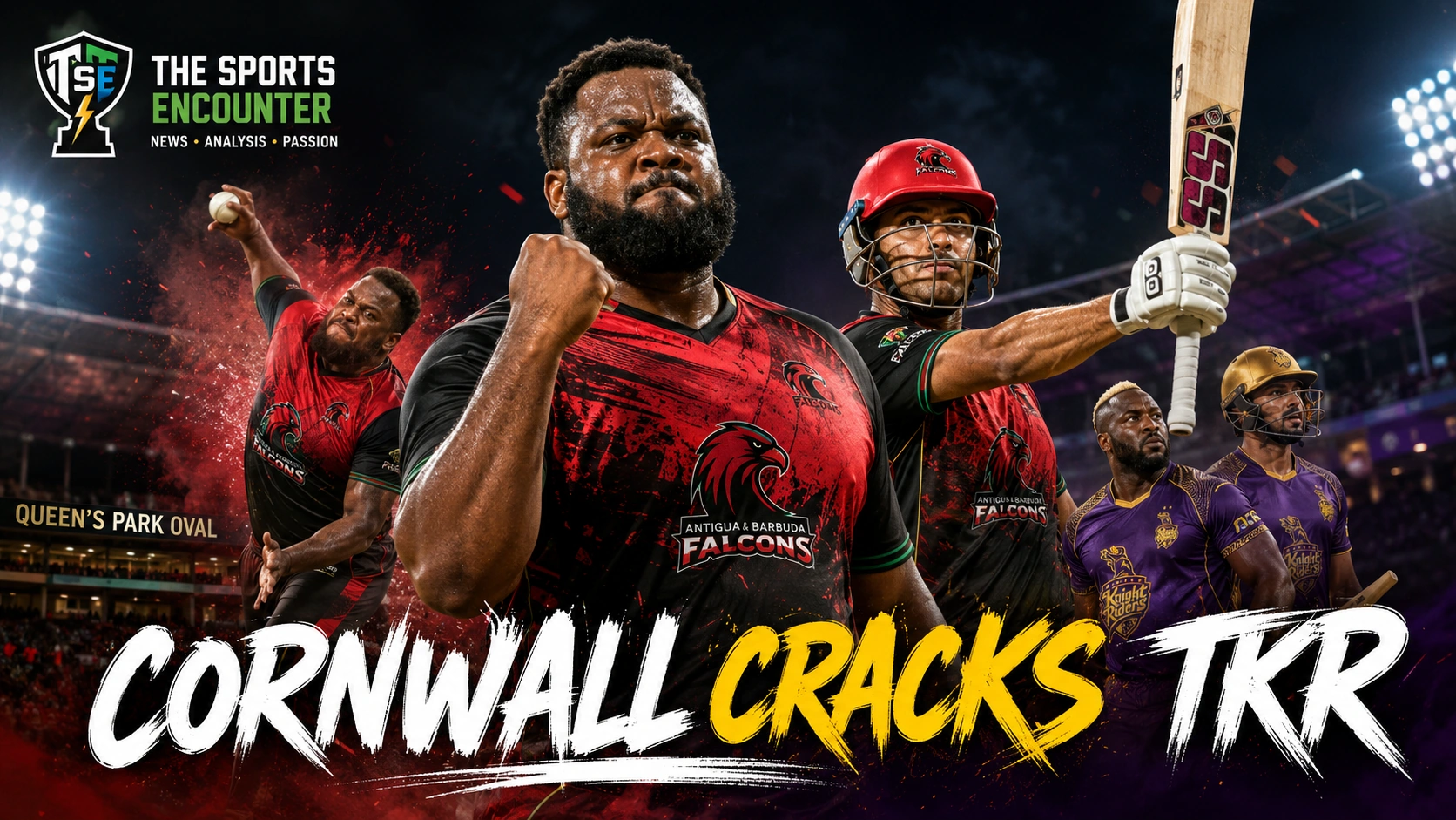 Rahkeem Cornwall leads Antigua and Barbuda Falcons after his three-wicket spell against Trinbago Knight Riders in CPL 2026 Match 24.