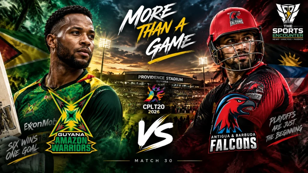 Guyana Amazon Warriors and Antigua and Barbuda Falcons players ahead of their CPL 2026 Match 30 showdown at Providence Stadium.