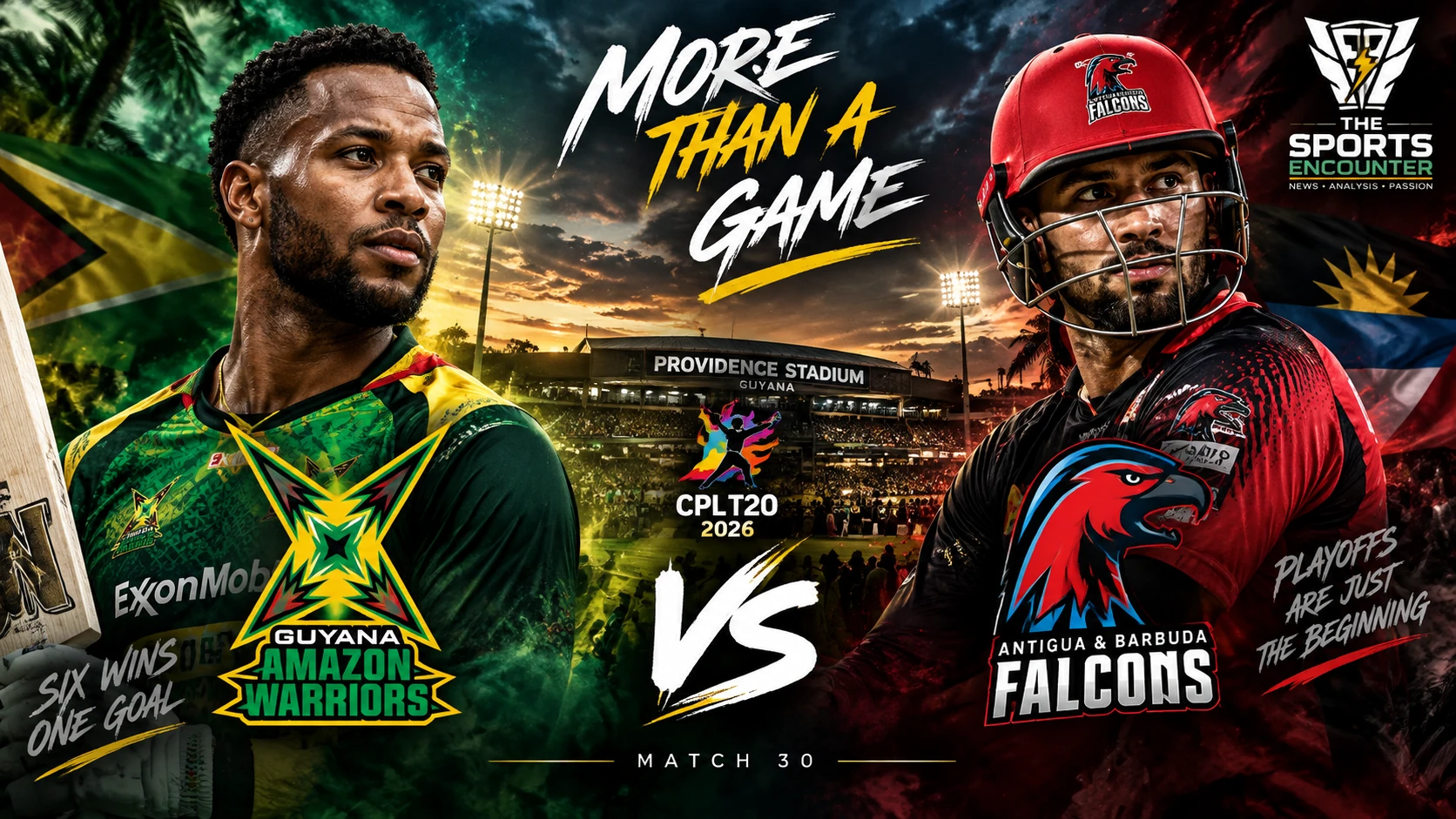 Guyana Amazon Warriors and Antigua and Barbuda Falcons players ahead of their CPL 2026 Match 30 showdown at Providence Stadium.