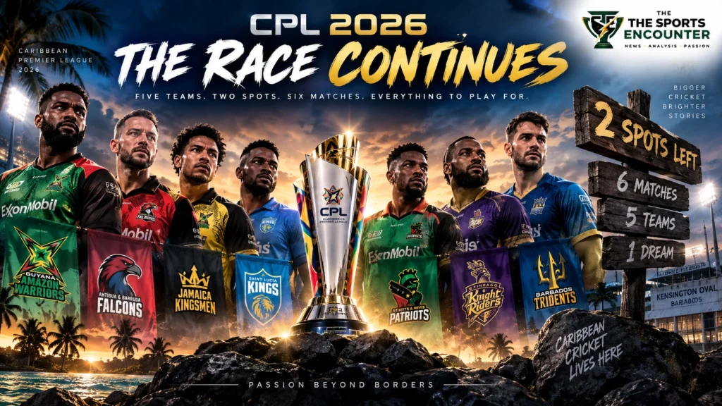 CPL 2026 playoff qualification graphic showing the five teams battling for the final two playoff spots ahead of the last six league matches.