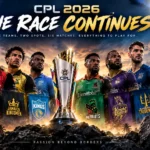 CPL 2026 playoff qualification graphic showing the five teams battling for the final two playoff spots ahead of the last six league matches.